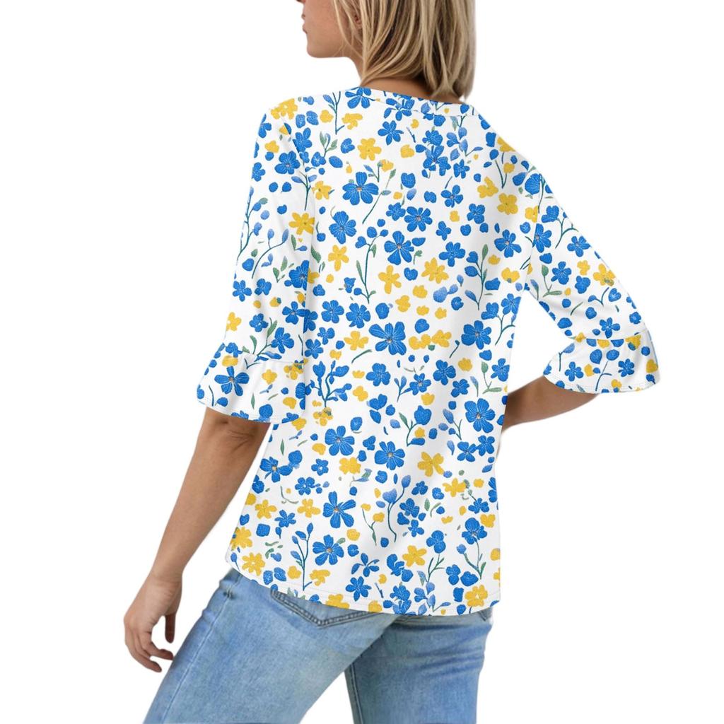 Women's Casual 3/4 Sleeve Tops V-Neck Sleeve T-Shirt Floral Print Tops