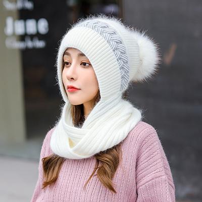 Hat and Scarf Integrated Women's Autumn and Winter Knitted Hat Versatile Foreign Style Plush Warm Scarf Winter Women's Wool Hat