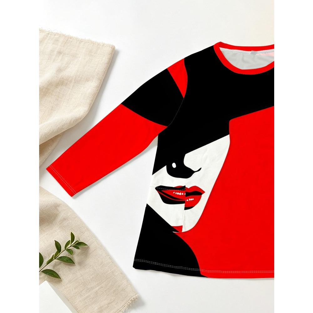Women's Plus Size with Pocket Design Red Splicing Loose Long Sleeve T-Shirt