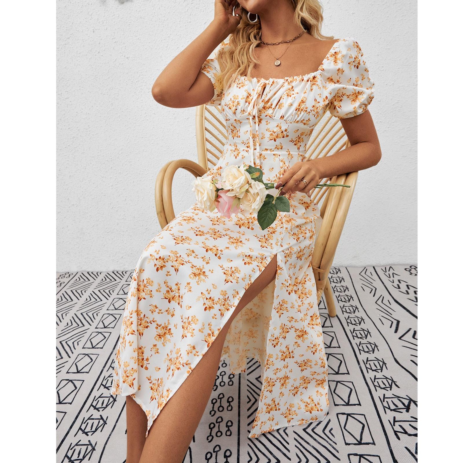 Женские летние модные однотонные платья с высокой талией и объемными рукавами на талии — фото 7