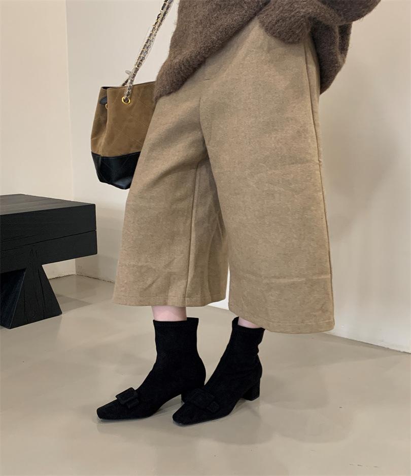 Damenstiefel mit quadratischer Schnalle, Wildleder, dünnem Absatz, Seitenreißverschluss, kurze Stiefel, Damen-Hochstiefel, schlanke Beine, hoher Schaft, elastische dünne Stiefel