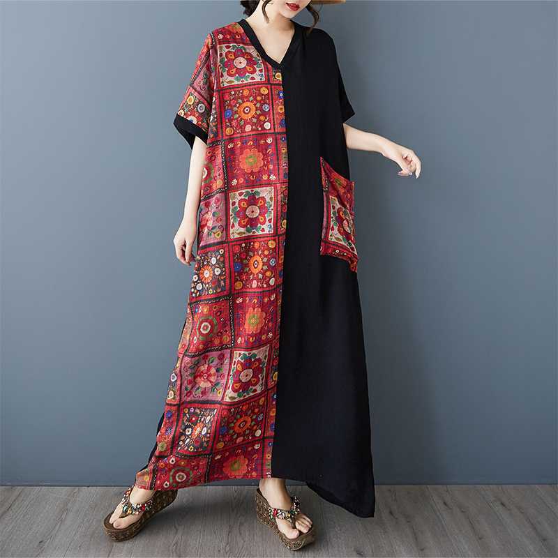 Ladies' Red Square Grid Splicing Black Long Dress Vintage Robe
