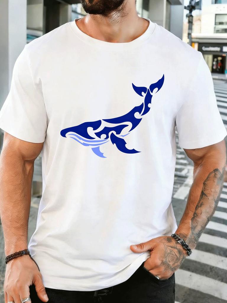 Unisex Crew Neck Tee Tribal Style Blue Whale Silhouette Print Short Sleeve Top Summer Daily Outdoor Loose Soft Casual Basic Wear