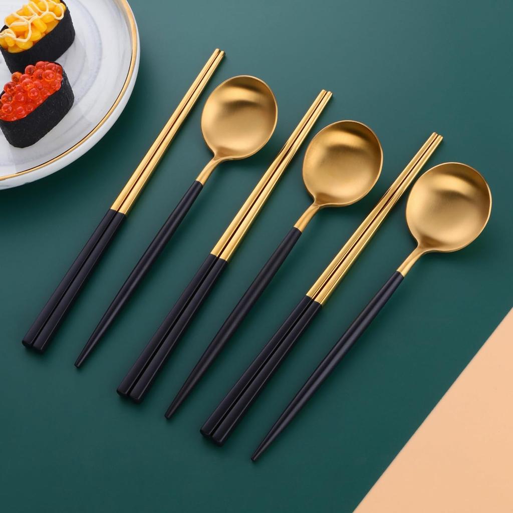 Reusable Chopstick and Spoon Set,Stainless Steel Korean Spoons Chopsticks,Metal Chopsticks Spoons Set of 3 Dinnerware For Home or Restaurant,Black