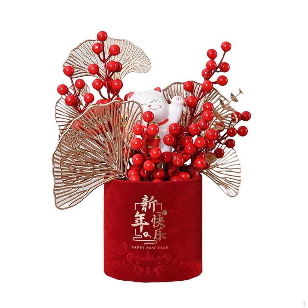 Chinese Flower Basket Ornament Arrangement Red Fruit Tree Celebration Bouquet for Festival