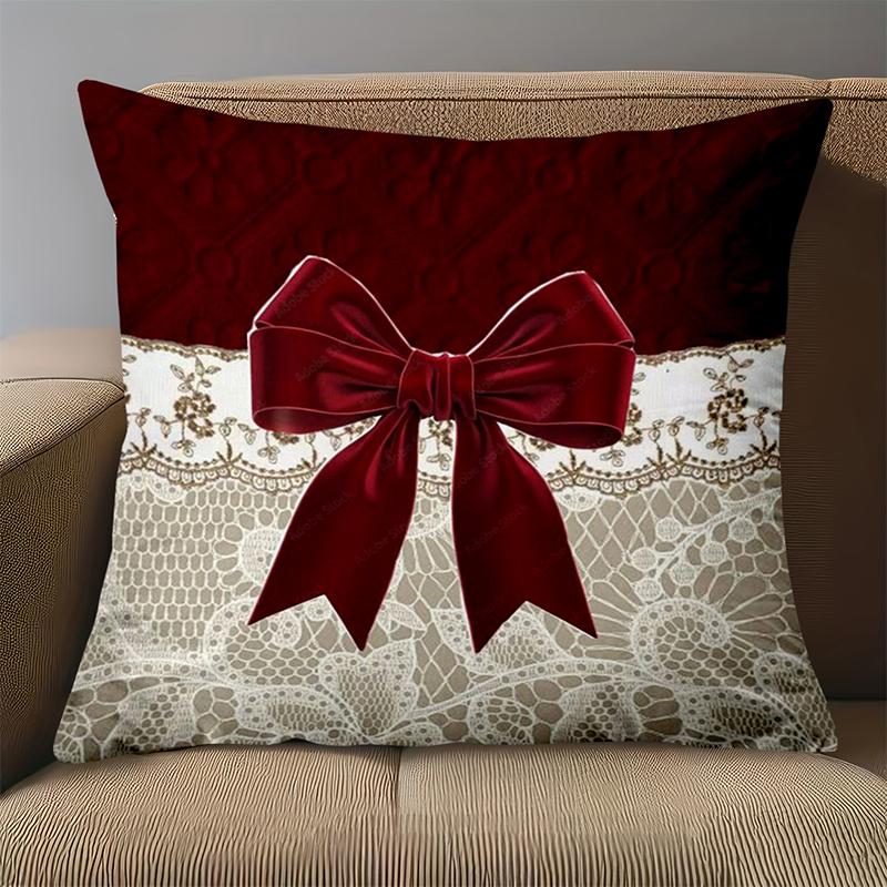1 Pieces Red Bow Lace Patterned 2D Printed Throw Pillow Polyester pillowcase, sofa decorative cushion cov Headboard Pillow