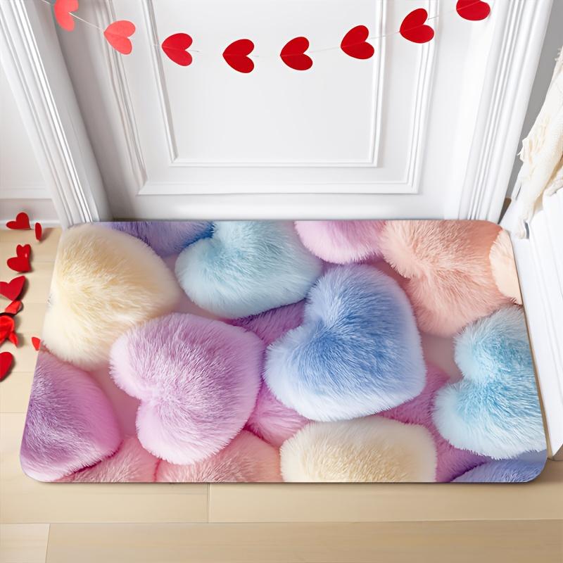 1pc 2D Flat Fluffy Hearts Pastel Colors Soft Flannel Bath Mat Non Slip Cute Love Rug For Bathroom Bedroom Floor Decor