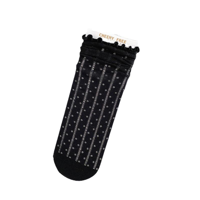 Polka Dot Socks for Women Summer Black Fungus Fringed Pile Socks Thin Mesh Mid-calf Socks Japanese-style Lace Socks
