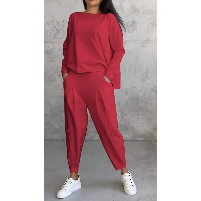 Women's Solid Color Crew Neck Long Sleeve Top & Pleated Pocket Harem Pants 2 Piece Loungewear Outfit Set