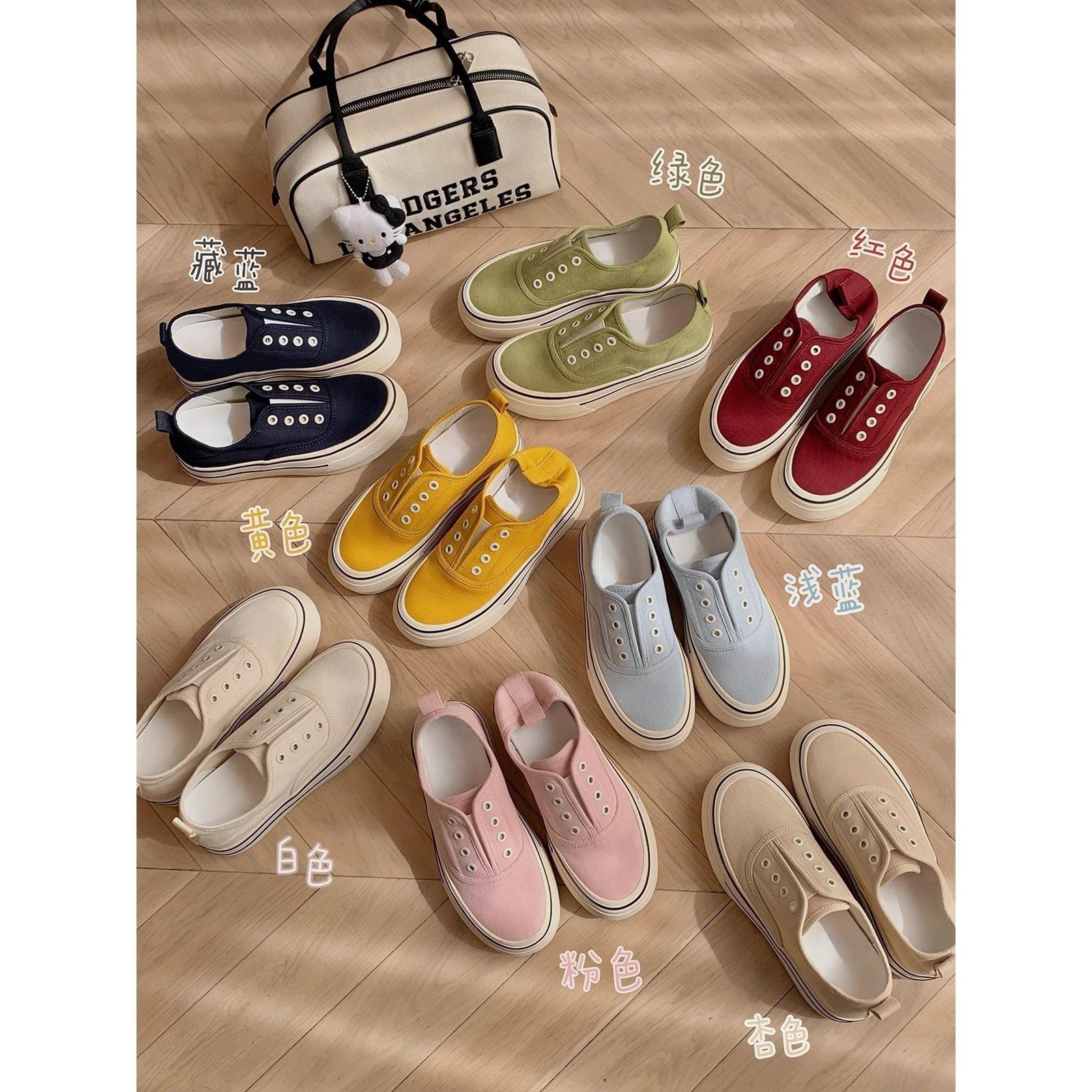 

Grape mother of the same style, with a height increase of 7cm, lazy without shoelaces, round head, thick sole, one pedal, casual board shoes, canvas 34