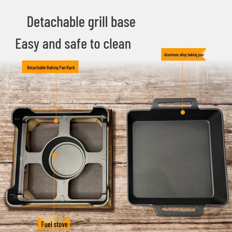 Alcohol-Heated Non-Stick Grill Pan with Wooden Base