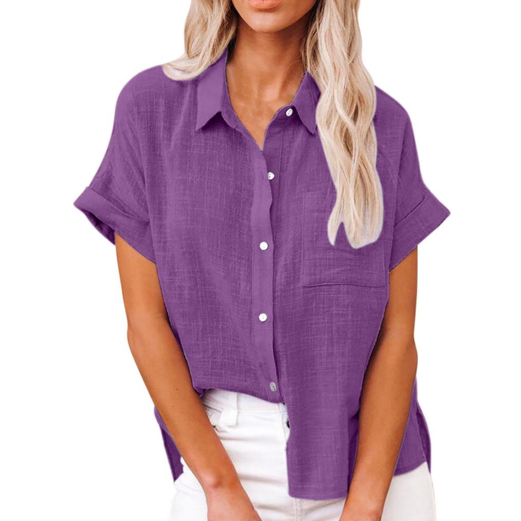 Summer Solid Color Single Breasted Shirt Women's Casual Lapel Short Sleeve Loose Blouse Top