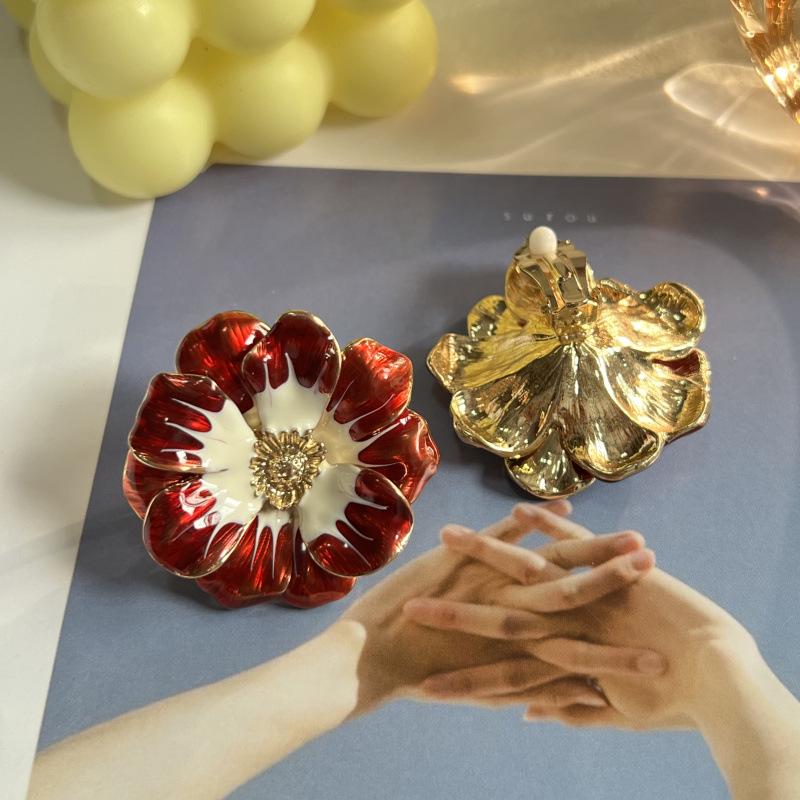 Vintage Gold Enamel Flower Ear Clips - No Piercing Needed