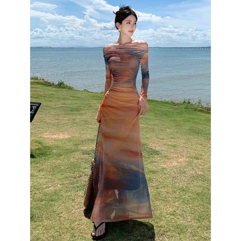 

Женское элегантное пляжное платье-трапеция с воротником-шалью и эффектом тай-дай «Закат», стройнящее талию S