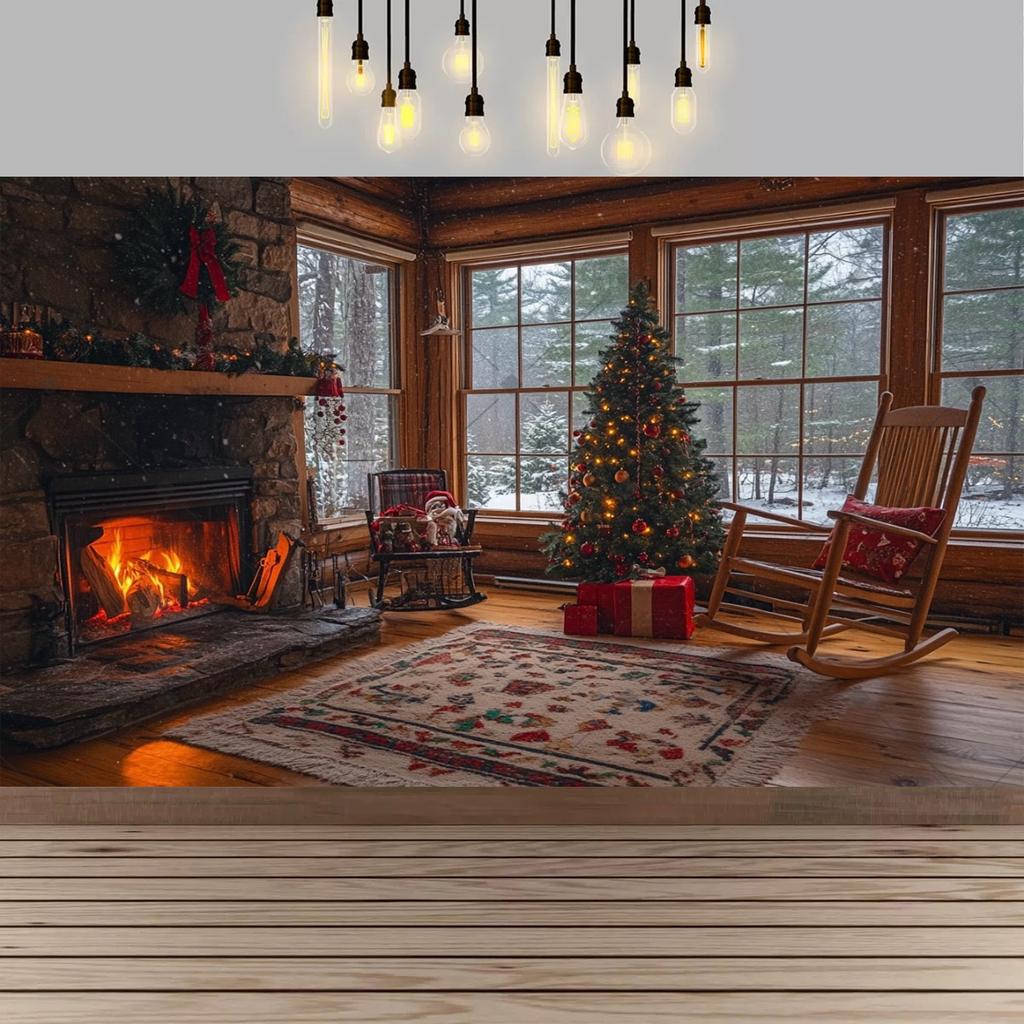 Christmas Red Curtain Decoration Backdrop Winter Snow Scenery Fireplace Santa Claus Photography Backdrop Holiday Party Supplies