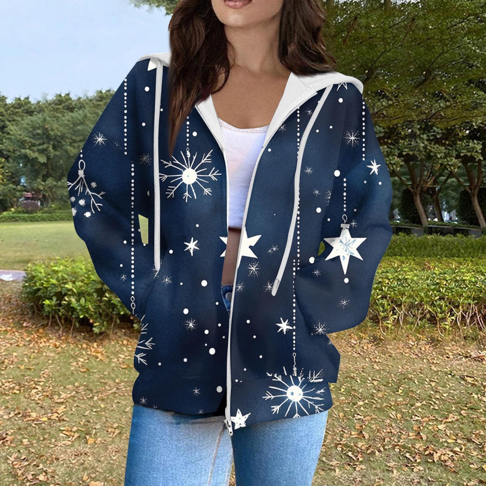 Женская модная повседневная толстовка с рождественским принтом и длинными рукавами карманная куртка пальто с капюшоном на молнии M 1980₽