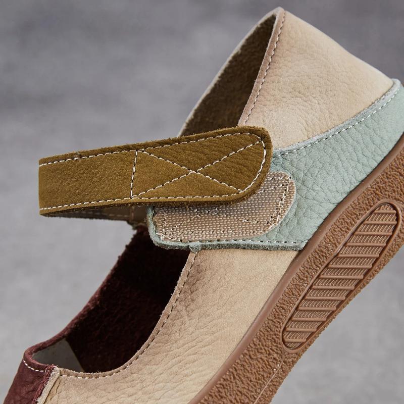 Johnature Genuine Leather Mixed Colors Soft Soled Women's Shoes Retro Round Toe Shallow Flat Shoes