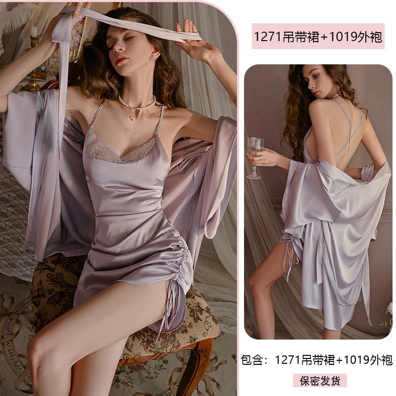 Yiyue sexy suspender lace temptation nightdress satin pleated large size erotic underwear home pure desire pajamas 1111
