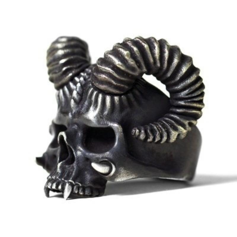 Trendiger Schmuck Satan Widderhörner Teufelsschädel Goth Herrenring