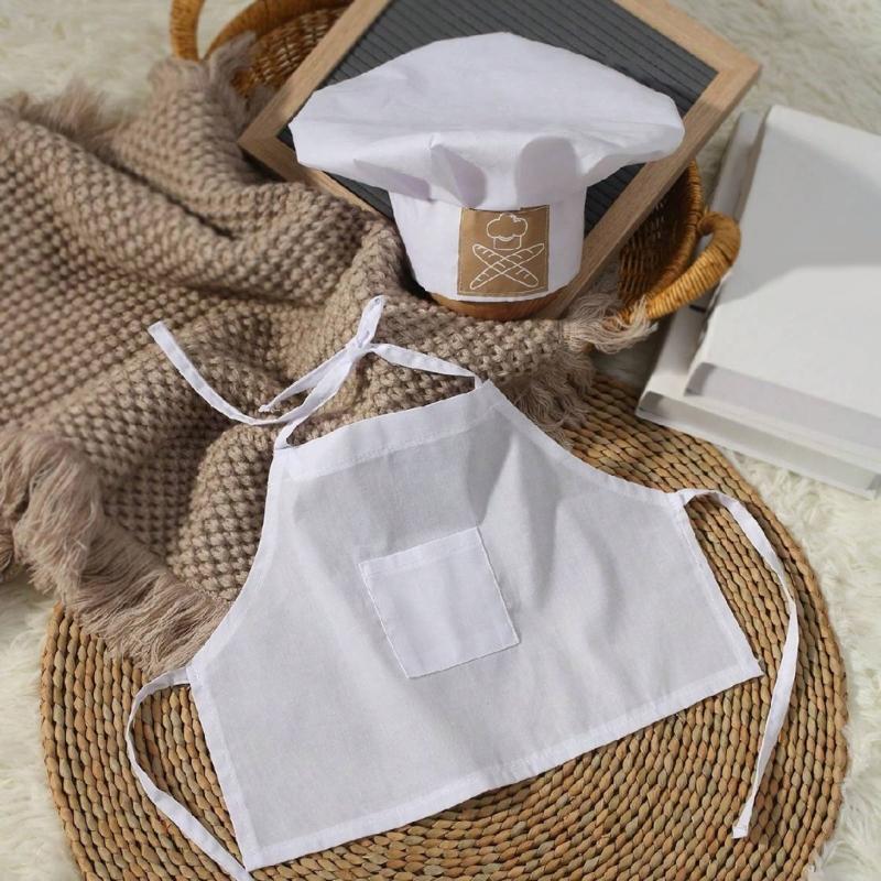 2Pcs/set Newborns Baby Cook Costume Set Photography Props Lovely Cooking Hat and Matching Apron for Photoshoots