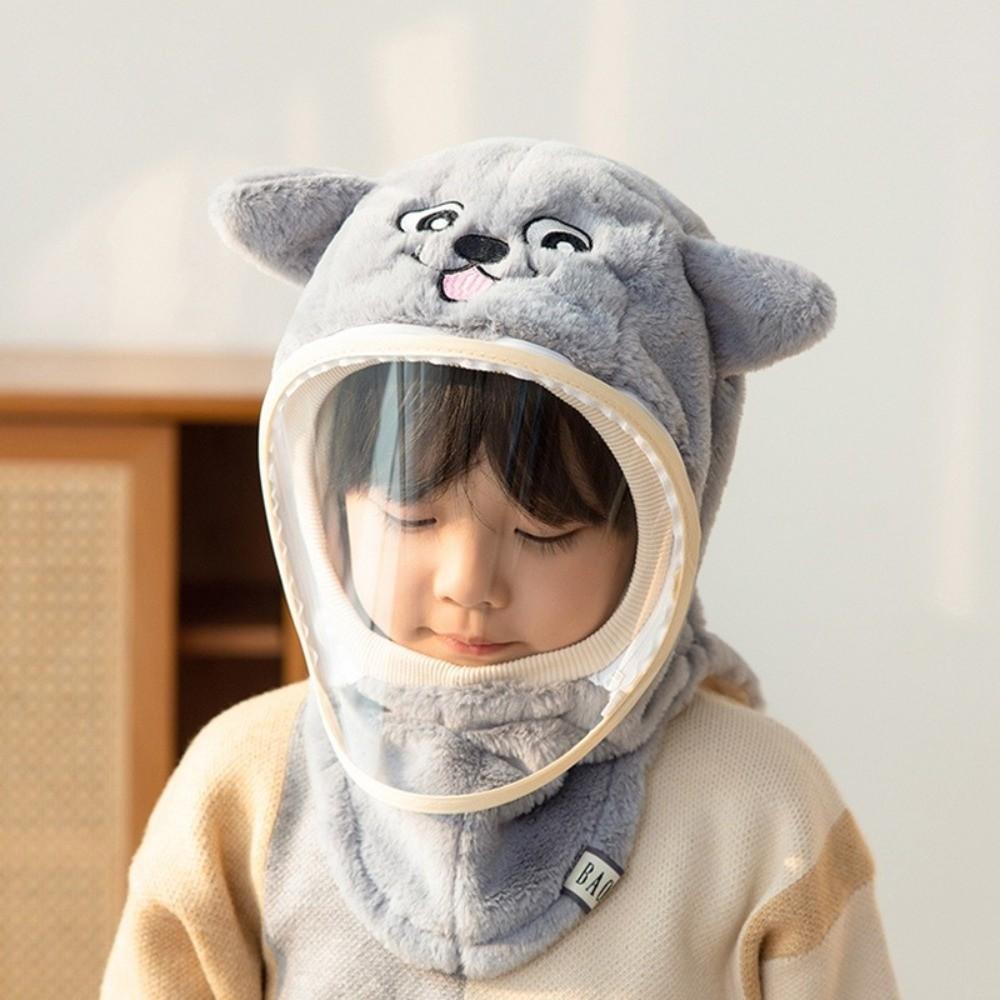 Cartoon Kids Mask Integrated Hat Plush Fleece Hooded Hat Winter Warm Windproof Head Caps