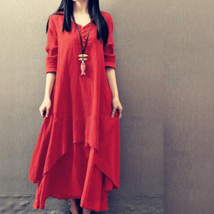 

Весна/Осень 2025 Свободное льняное платье-двойка с длинным рукавом XL красный