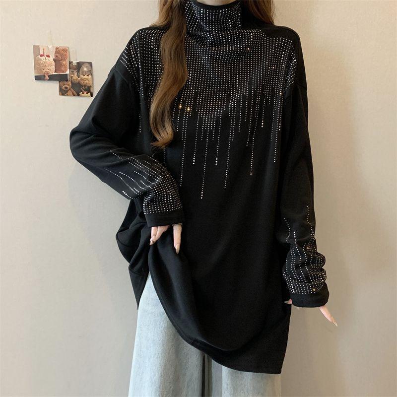 Plus Size Rhinestone Velvet High Neck Hoodie for Women - Autumn/Winter Loose Fit Cover Flaws Top