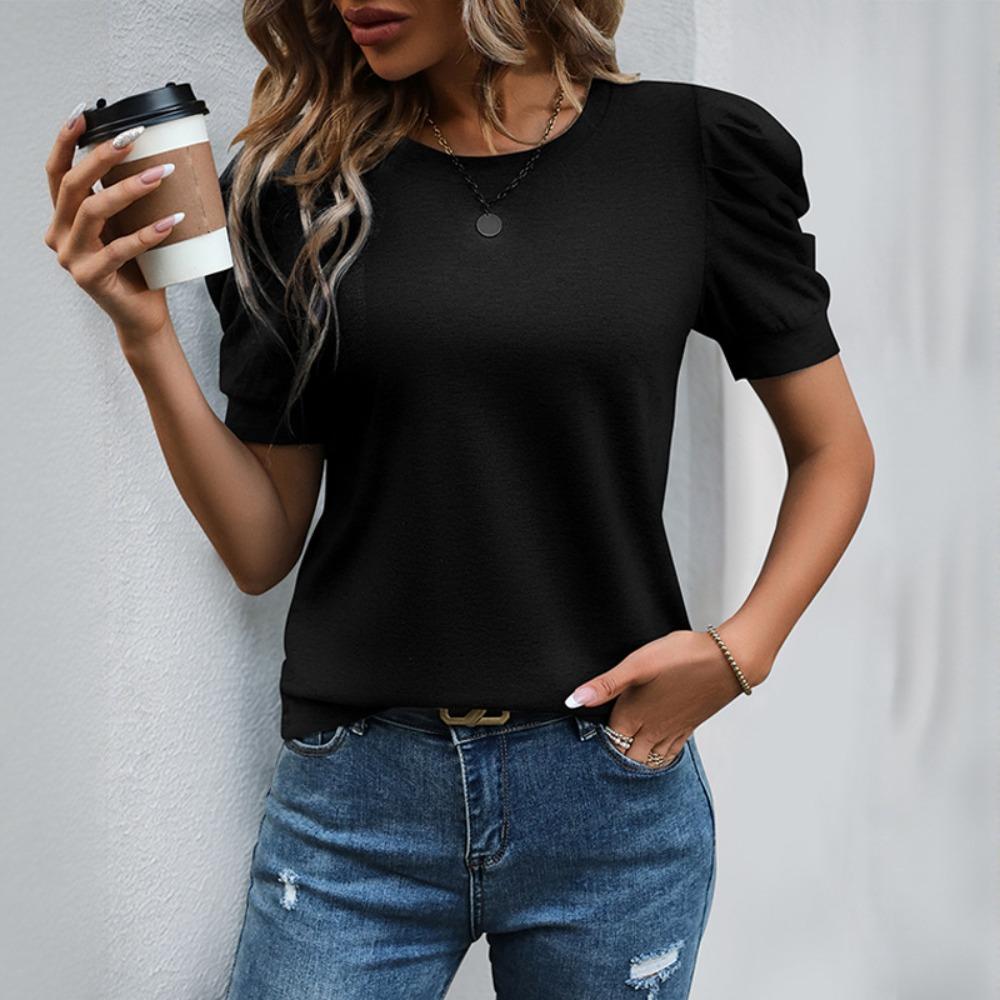 Damen Rundhals Puff Kurzarm T-Shirt Figurbetont Einfarbig Lässiges Strick-T-Shirt Top