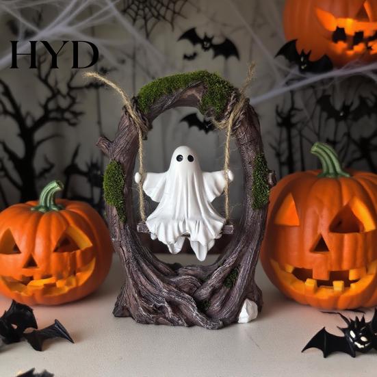 Handmade Resin Ghost Statue On Tree Swing Halloween Decor, Spooky Figurine with Vintage Detailed Sculpture for Office Base, Festive Party Tabletop