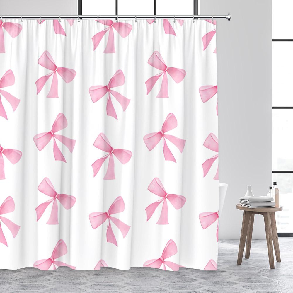 Fashion Bowknot Shower Curtains Red Pink Bow-Tie Heart Pattern Girl Gift Modern Bathroom Decorative Bath Curtain Set With Hooks