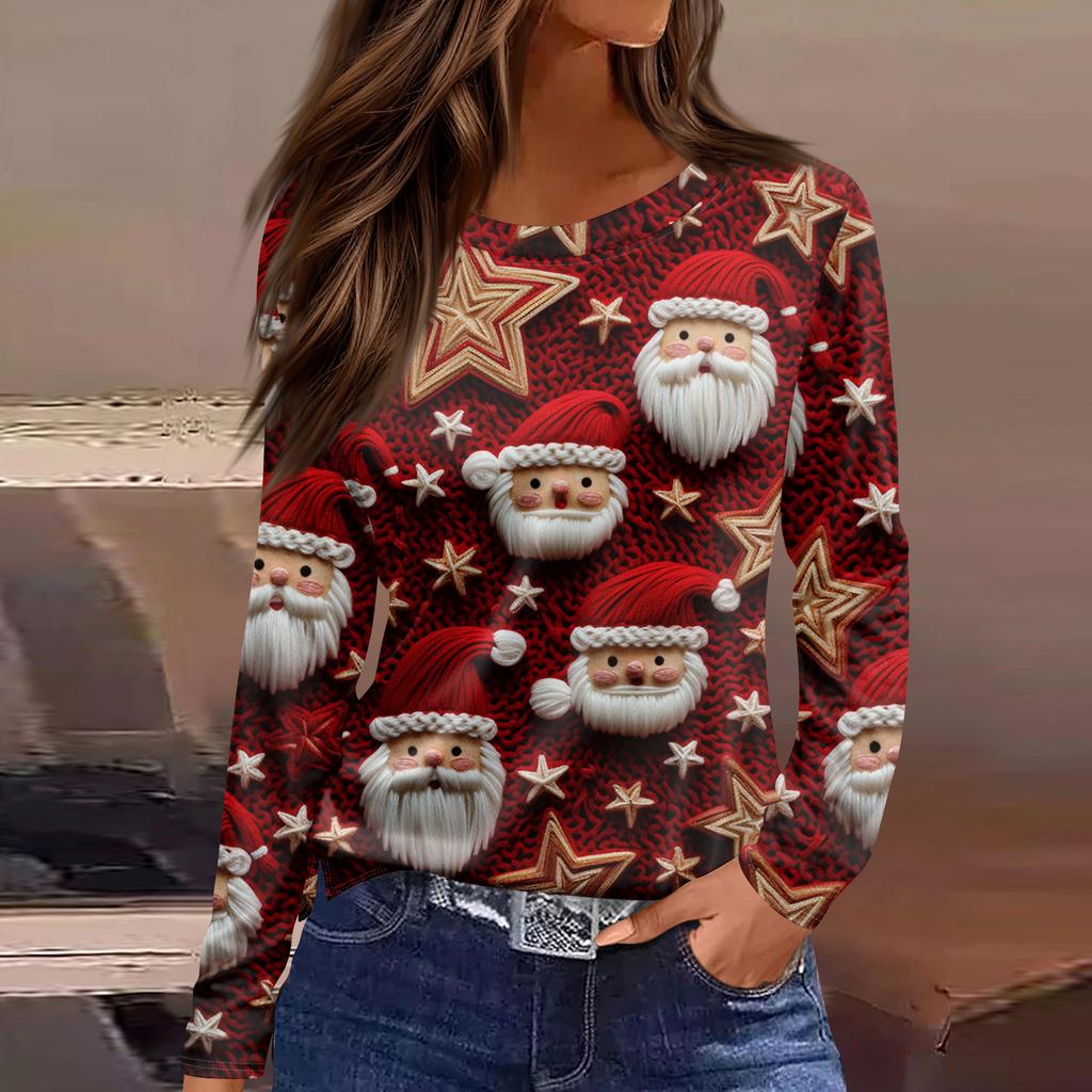 Women's Fashion Casual Slit Hem Round Neck Long Sleeve Loose Christmas Printed T-Shirt Ladies Top