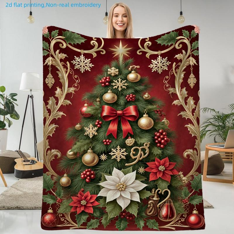 1pc Christmas Holiday Style Christmas Tree and Floral Print Blanket, Festive Decoration Theme, Multiple Sizes Available, Autumn Thanksgiving Christmas