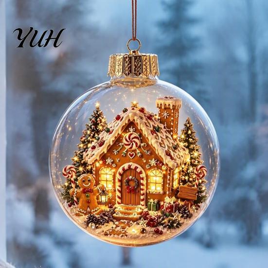 Bulk Decorative Baubles Clear Christmas Ball Ornaments, Acrylic Hanging Decoration with Gingerbread House Small Gifts Reindeer Santa Tree Inside