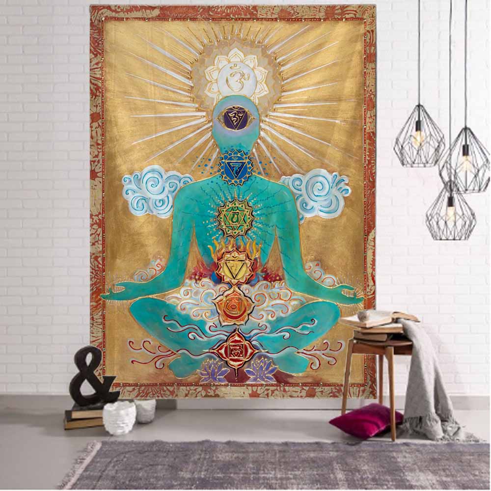 Meditation Art Tapestry, Buddha Statue, Chakra, Wall Hanging, Mandala, Home, Living Room, Bedroom Decoration Wall Hanging