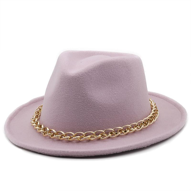 Autumn and winter simple wool upturned edge hat metal chain top hat women's European and American retro celebrity jazz hat