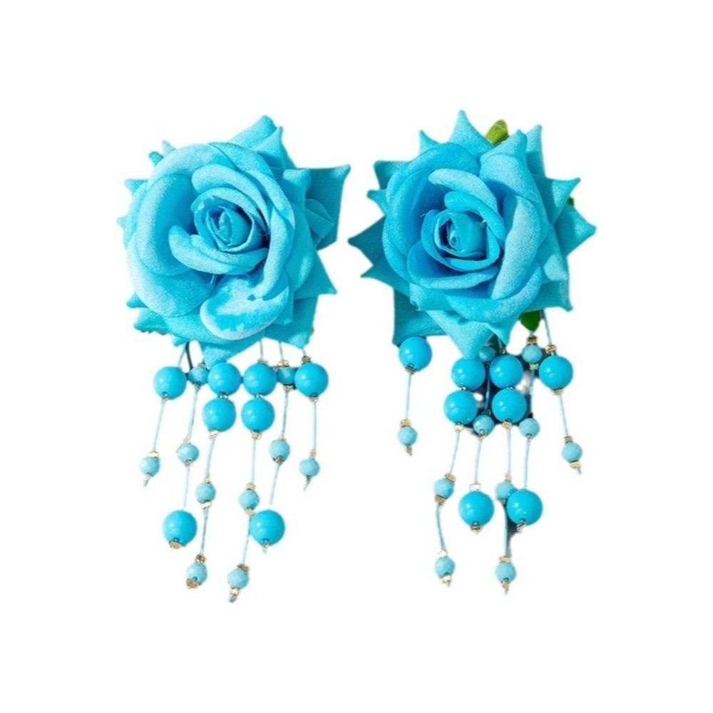 

Beads Tassel Flower Earrings Bohemian Style Drop Earrings Summer Faux Rose Earrings Daily синій