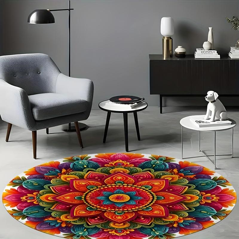Vibrant Indian Rangoli Circular Rug - Machine Washable Anti-Slip Floor Mat for Living Room, Bedroom and Holiday Decor