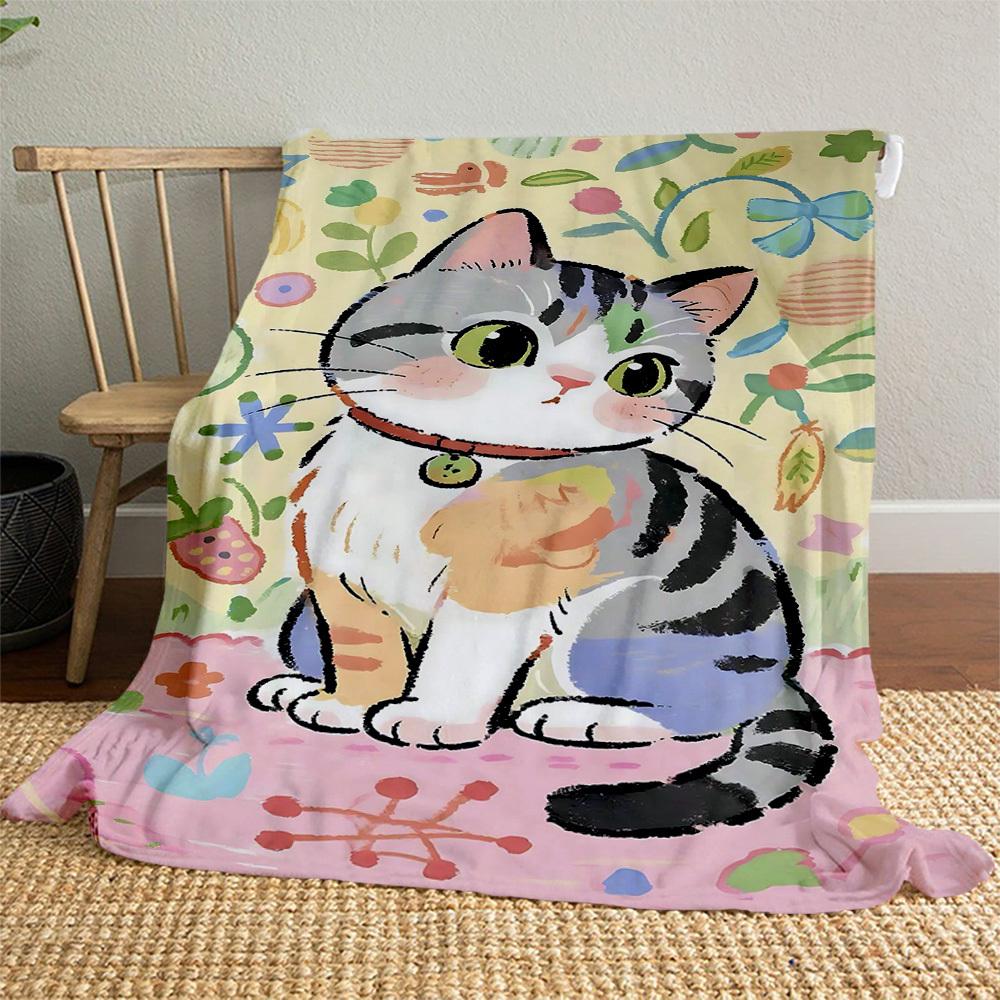 1pc cat, flowers Outdoor Flannel Blanket Soft Warm All-Season Throw for Sofa Bed Car Camping Office, Cozy Gift Idea1310S