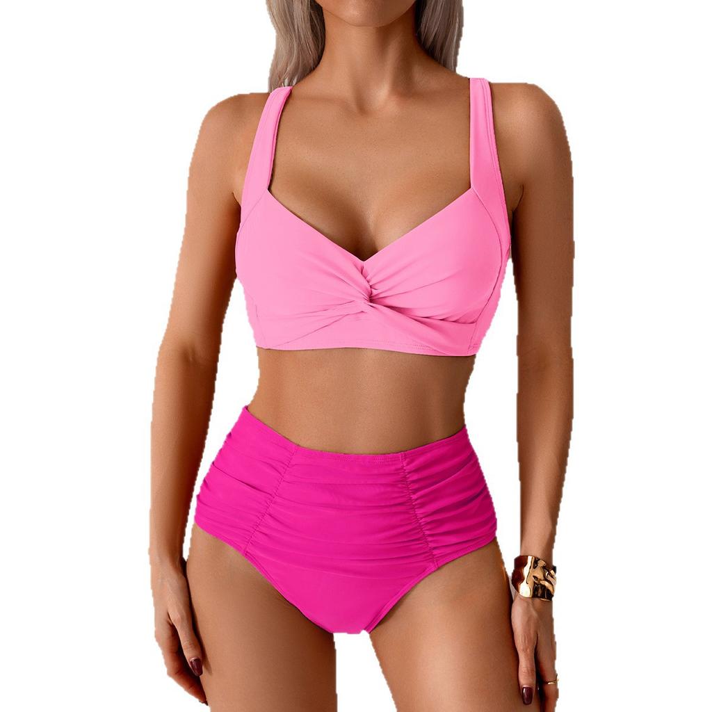 Women’s Solid Color Bathing Suit Two Piece Bikini Swimsuit, Sexy High-Waist Backless Swimwear Set