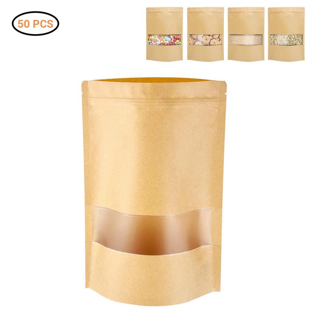 50Pcs Stand Up Pouch Bags Kraft Pouches with Tear Notch and Matte Window Re Able Zip Lock Food Storage Bags