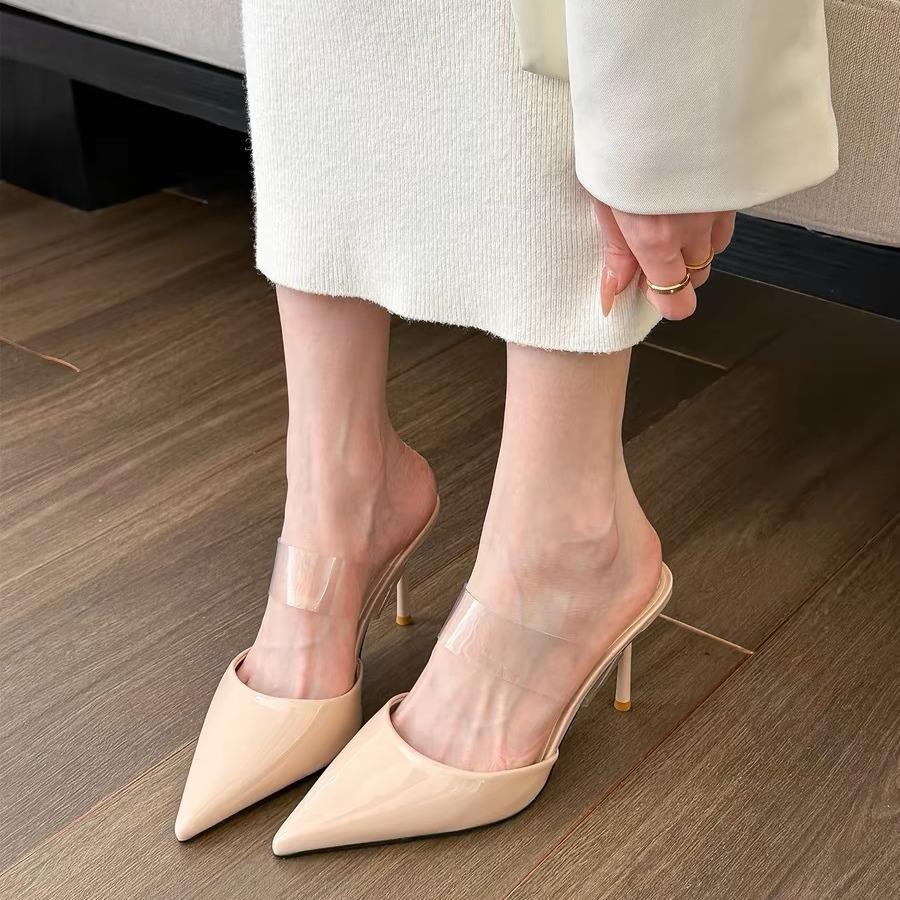 [New] Gentle Naked Apricot Transparent PVC Bag Head High Heels for Women 2025 New Pointed Cool Slippers for Women