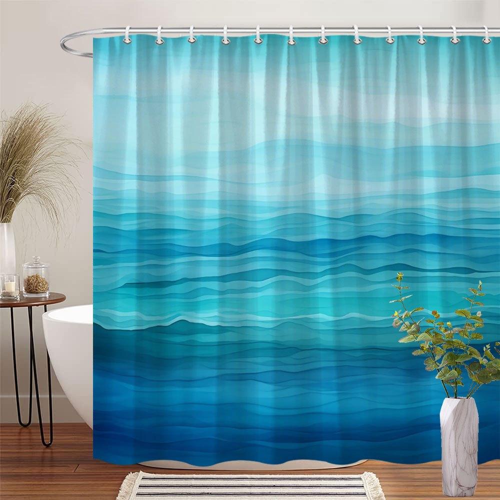 Ocean Gradient Shower Curtain 1pc – Layered Blue and Teal Waves, Calm Water Art Bath Curtain for Tranquil Home Decor 90X180cm(35x70in)