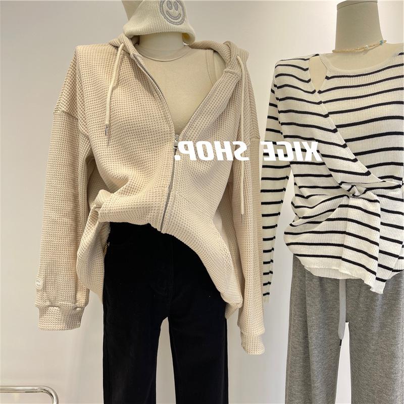 Women's Waffle Knit Hooded Zipper Cardigan - New Loose Slim Design for Autumn/Winter