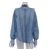 Solid See Through Women Shirt Commut Wear Lapel Long Sleeve Single Button Lace Up Female Blouse 2025 Spring Summer Elegant Office Lady Top