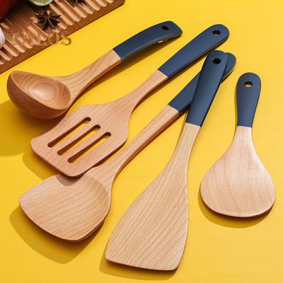 5Pcs/Set Kitchen Cooking Utensils Set Anti-skid Long Handle Wooden Shovel Spoon Frying Spatula High Cookware Five-Piece Set Temperature Resistant
