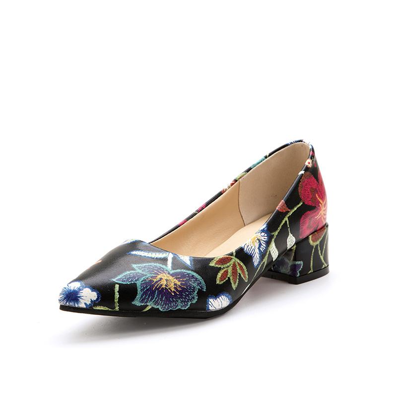 Elegant Flower Print Low Heels Shoes Woman Casual Shallow Party Pumps Female Short Heels Designer Loafer Shoes Large Size 45