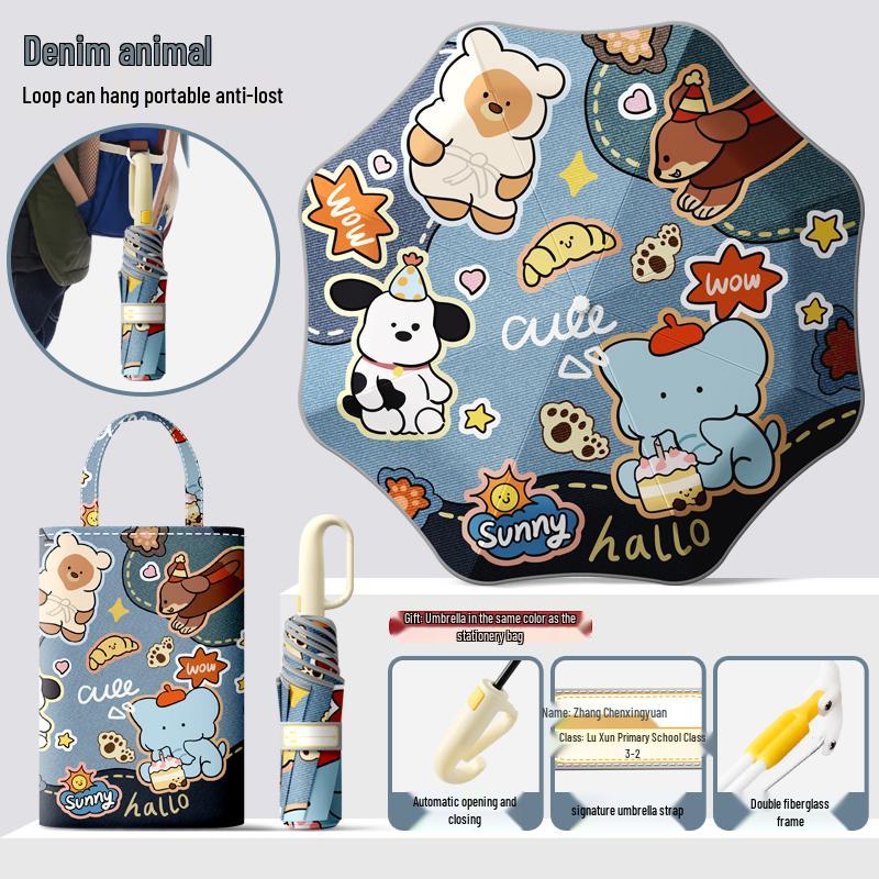 Dual-Use Automatic Folding Children's Umbrella with Ring Buckle – Sun Protection for School Boys and Girls