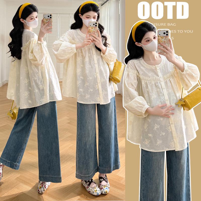 2026 Spring Maternity Embroidered Long Sleeve Doll Shirt - Korean Style Loose Top Large