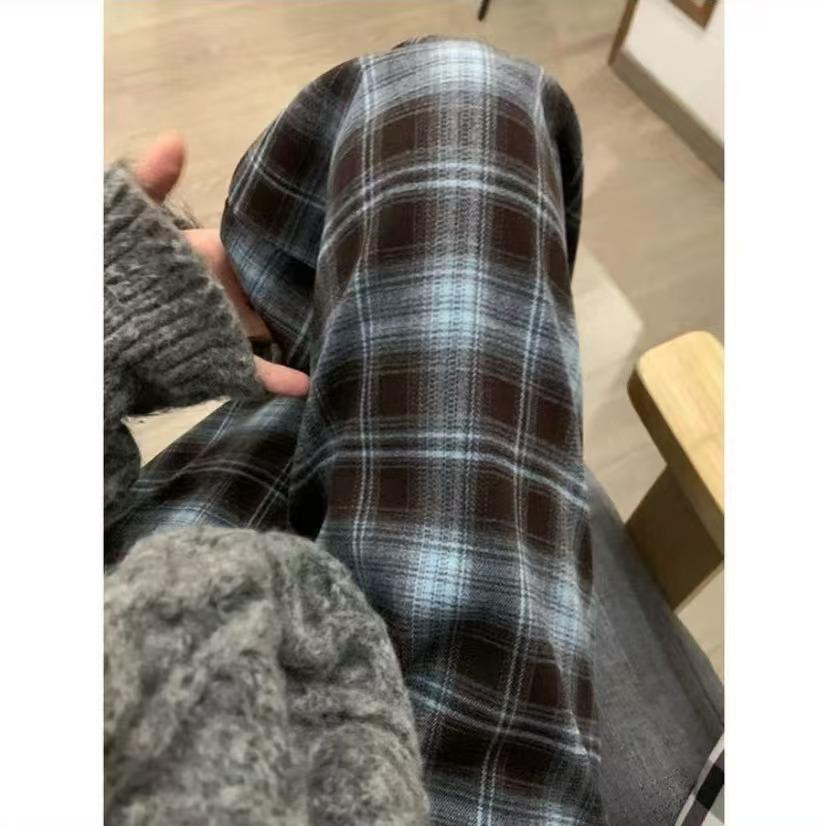 Plaid High-Waisted Women's Wide-Leg Pants - 2025 Autumn/Winter, Korean Style, Fleece-Lined, Loose Fit, Floor-Length.