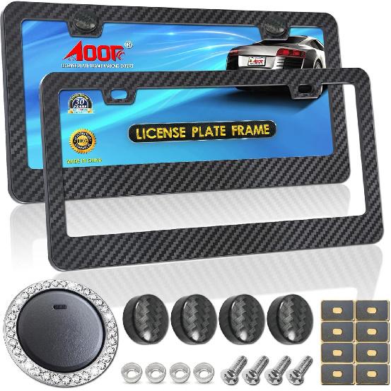 Aootf Carbon Fiber License Plate Frames, Black Aluminum Car Tag Number Holder Printed Carbon Pattern for Front Rear, 2 Pack 2 Holes with Screws Caps Carbon Frame-Plastic